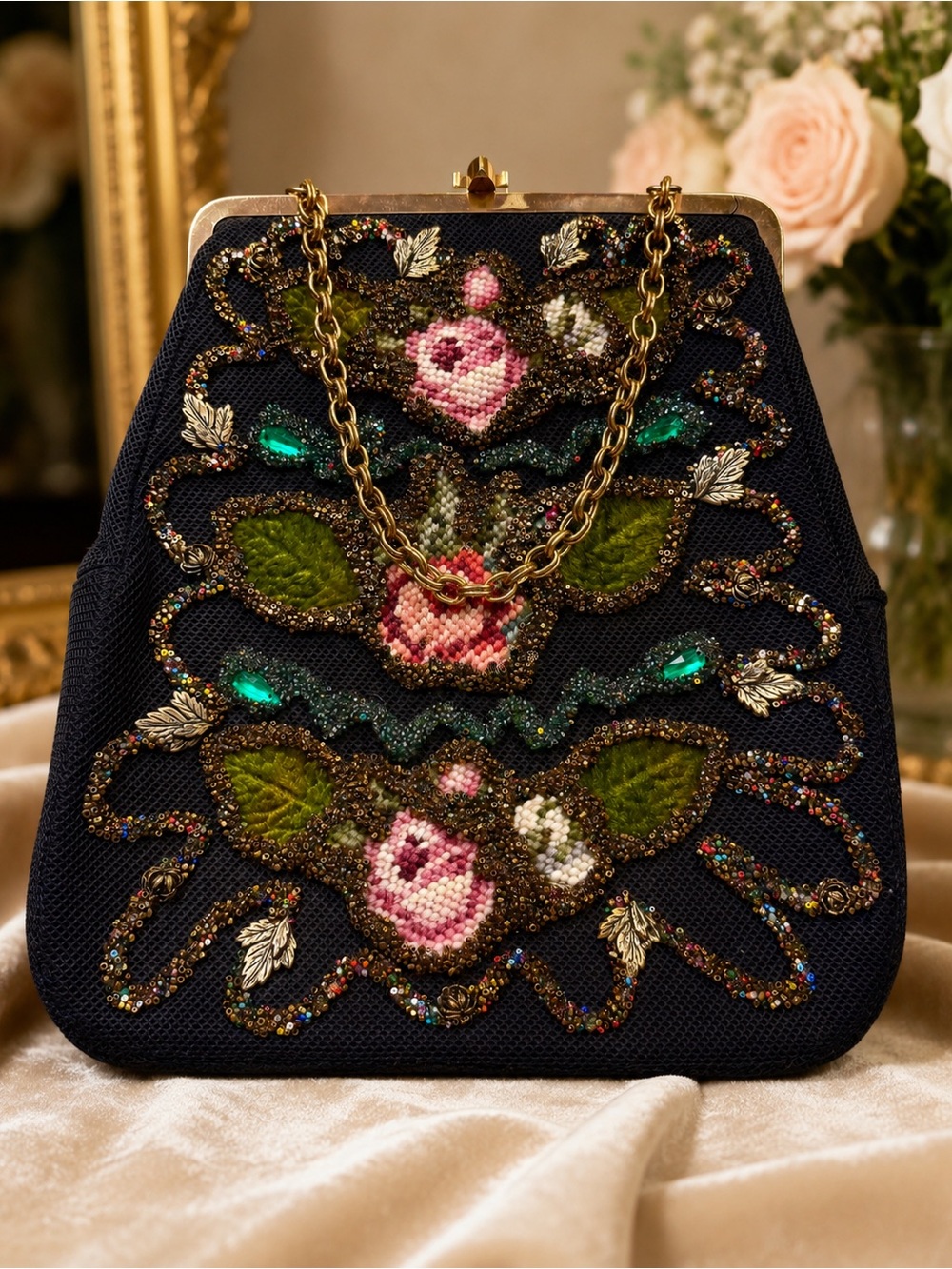 Vintage Beaded Evening Bag Floral Hand Beaded 1950s 1960s Clutch Chain